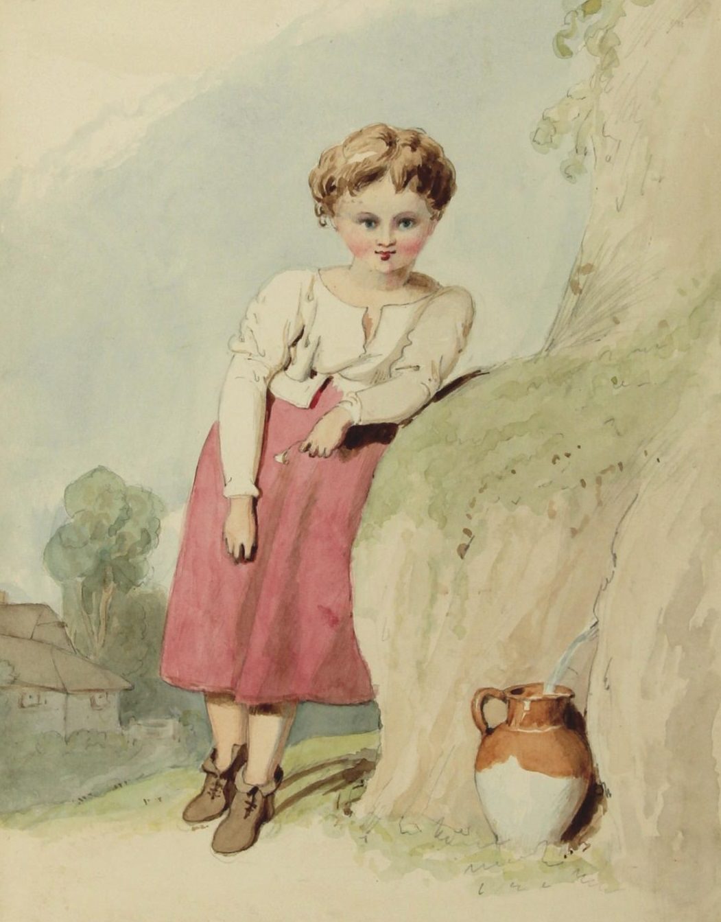 #18 A young girl standing next to a spring. Watercolour, by Princess Victoria, after Richard Westall.