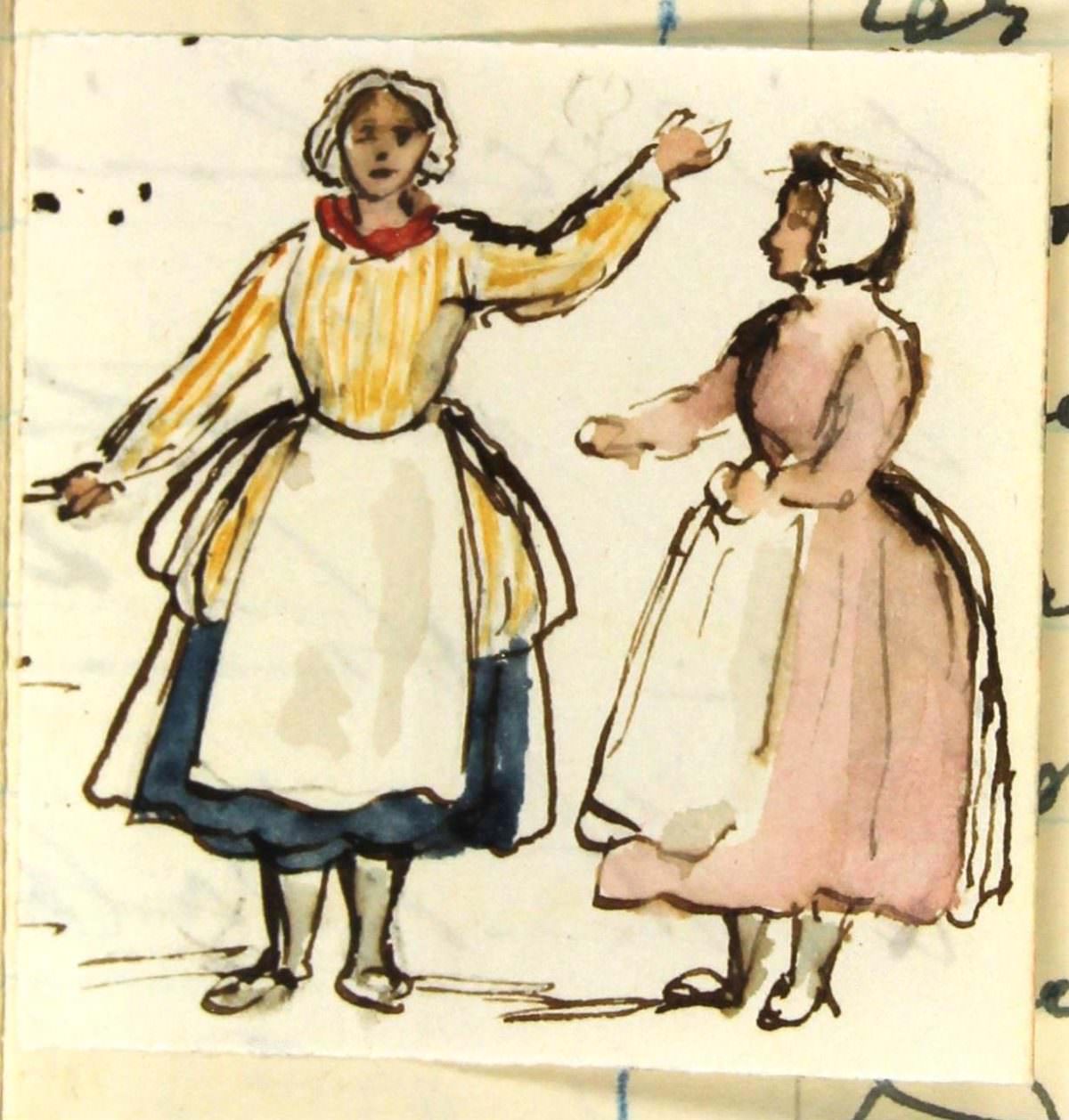 #3 Saturday 3rd September 1842 Scottish fisherwomen- pen and ink sketch with watercolour, by Queen Victoria