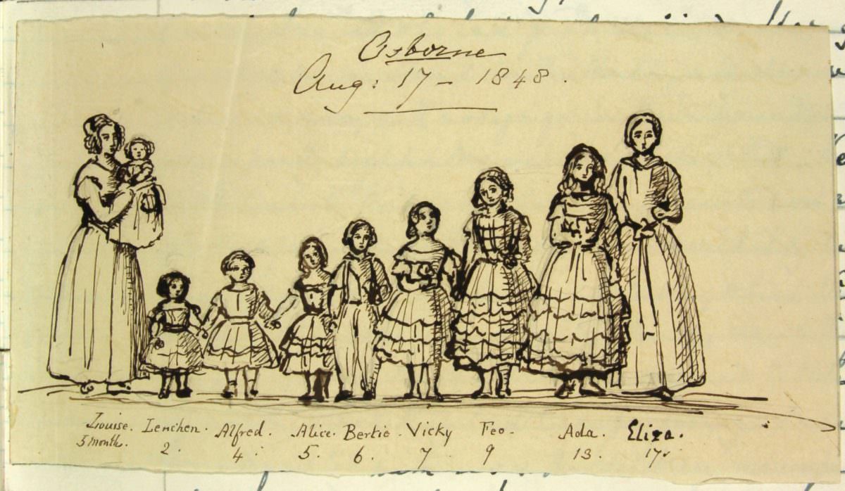 #5 Thursday 17th August 1848 The nine grandchildren of the Duchess of Kent- pen and ink sketch by Queen Victoria