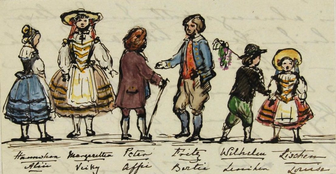 #7 Tuesday 6th January 1852 Queen Victoria’s children in costume for a Twelfth Night performance- ink and watercolour sketch by Queen Victoria