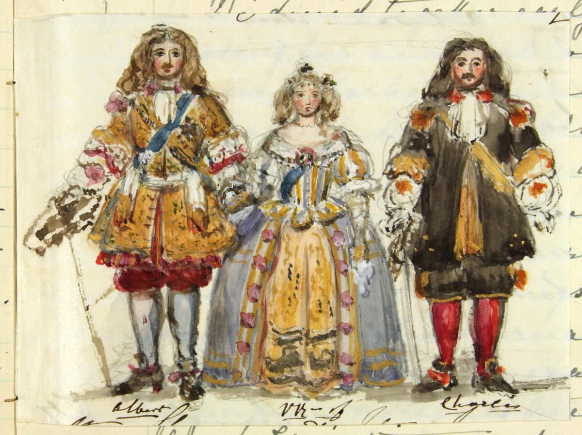 #8 Friday 13th June 1851 Prince Albert, Queen Victoria and Prince Charles of Leiningen in their costumes for the Stuart Ball- watercolour by Queen Victoria