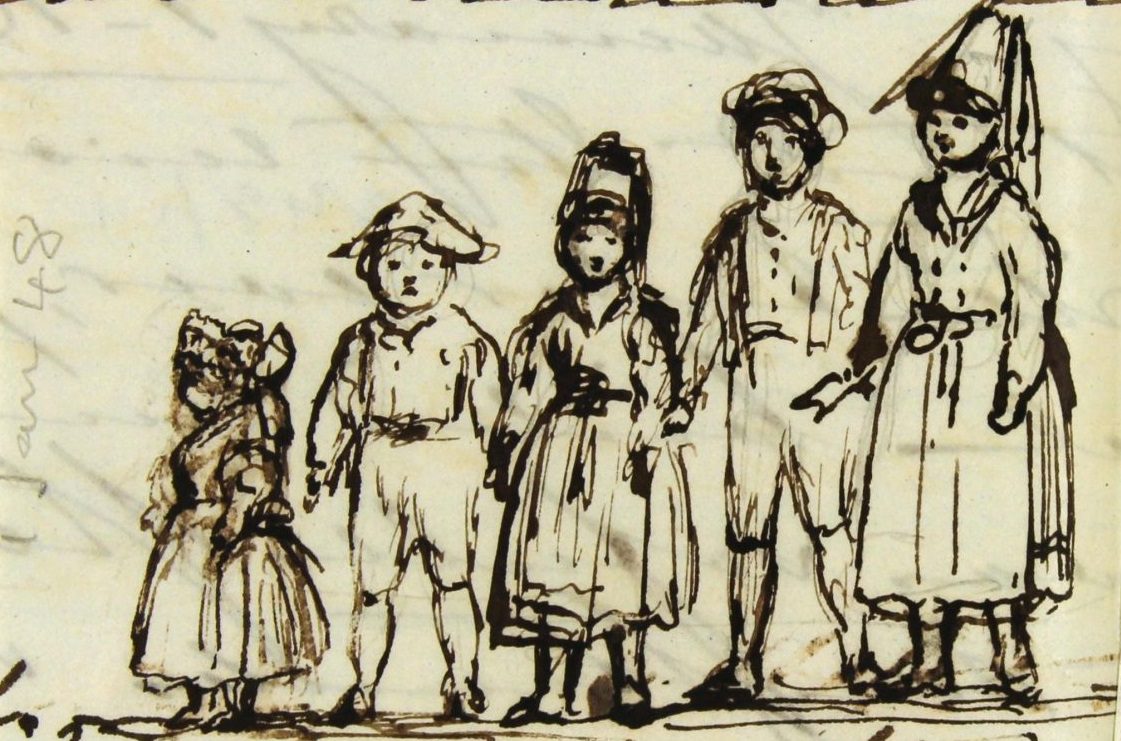 #9 Saturday 1st January 1848 Queen Victoria’s 5 children dressed as Coburg and Thüringen peasants- pen and ink sketch by Queen Victoria
