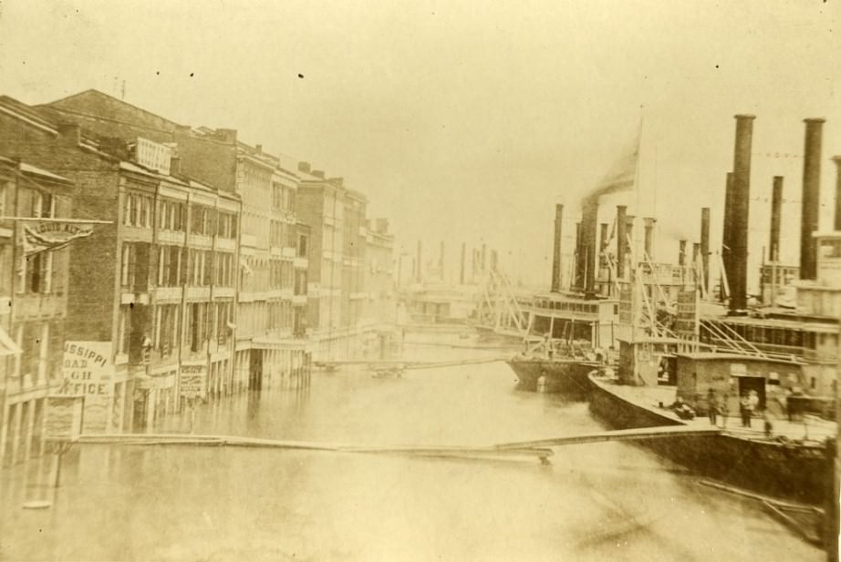 #8 Saint Louis, Missouri riverfront at flood stage, 1858.