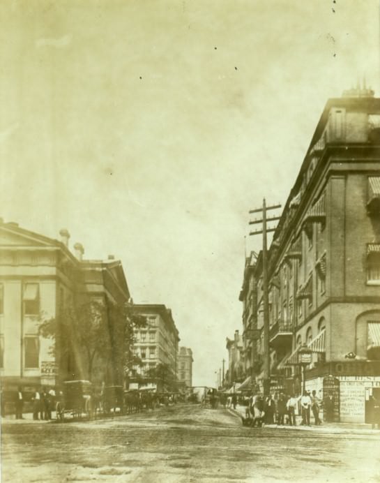 #3 Chestnut Street in St. Louis looking west from Fourth Street, 1872. The court house is on the left and the Planter’s Hotel is on the right.