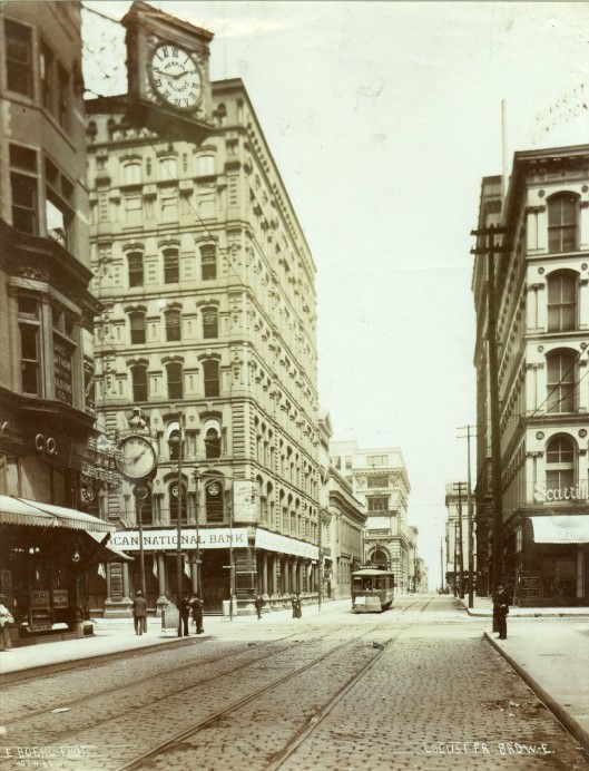 #15 Locust Street in St. Louis looking east across the intersection at Broadway, 1896