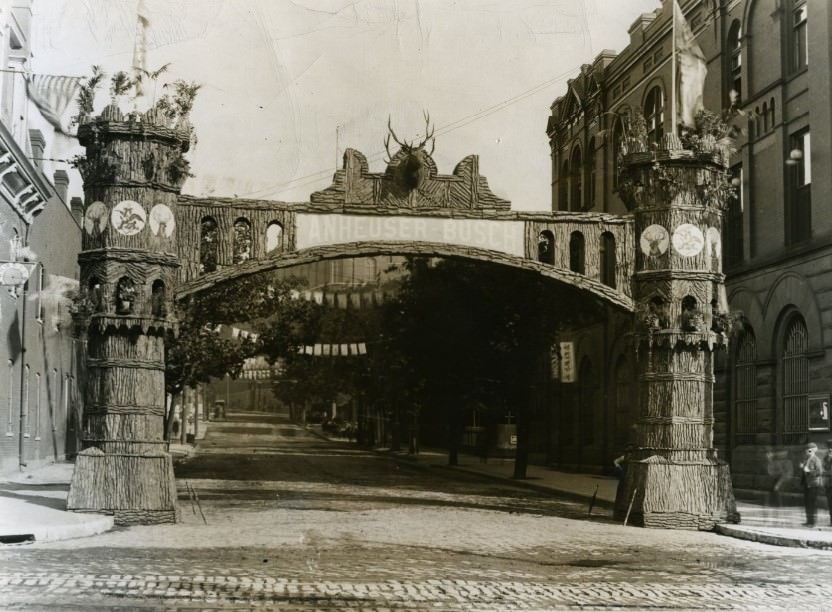 #21 This is the Anheuser-Busch brewery, 1899, with a decorative arch in place in honor of visiting Elks, who held their national convention in St. Louis in June of that year.