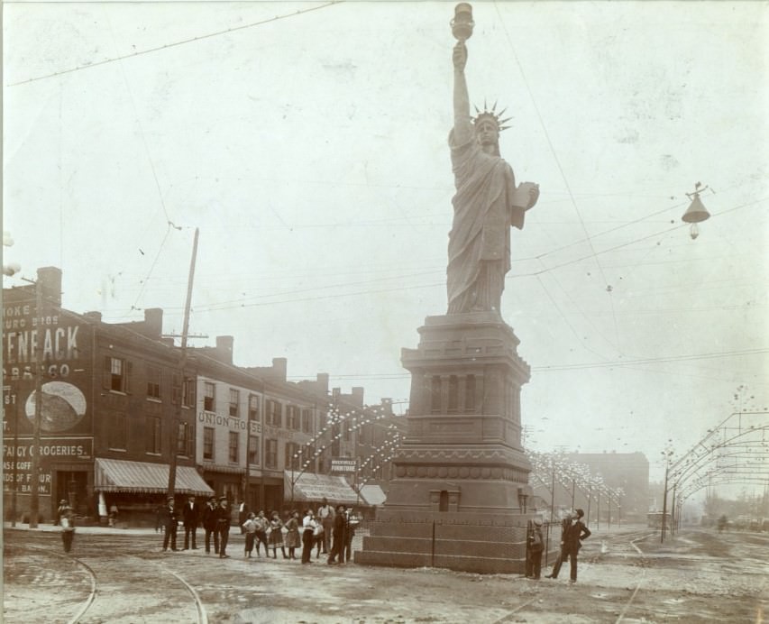 #34 A replica of the Statue of Liberty at Twelfth and Pine in St. Louis in 1890.