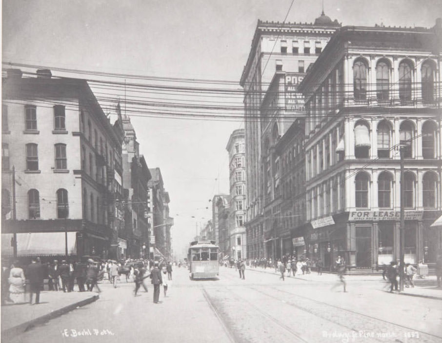 #52 A streetcar and numerous pedestrians on Broadway looking north from its intersection with Pine Street, 1897