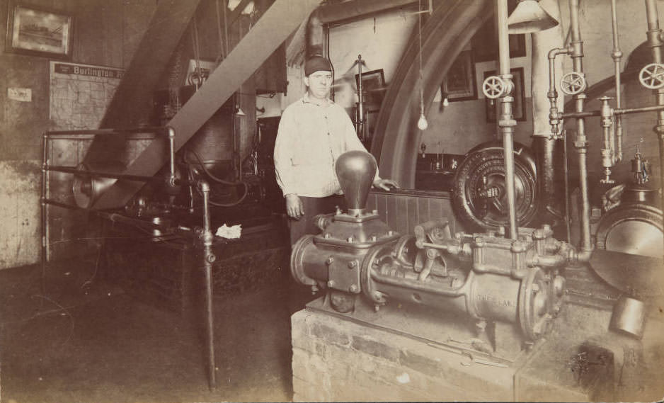 #54 A man operating mechanical building equipment from The Deane Steam Pump company, 1899