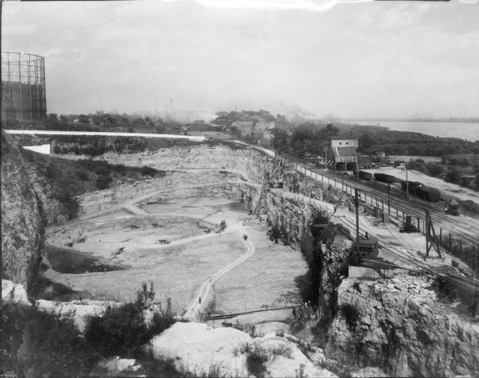 #33 View northeast overlooking the stone quarry of the St. Louis City Workhouse at SE corner of South Broadway & Meramec Street, 1925