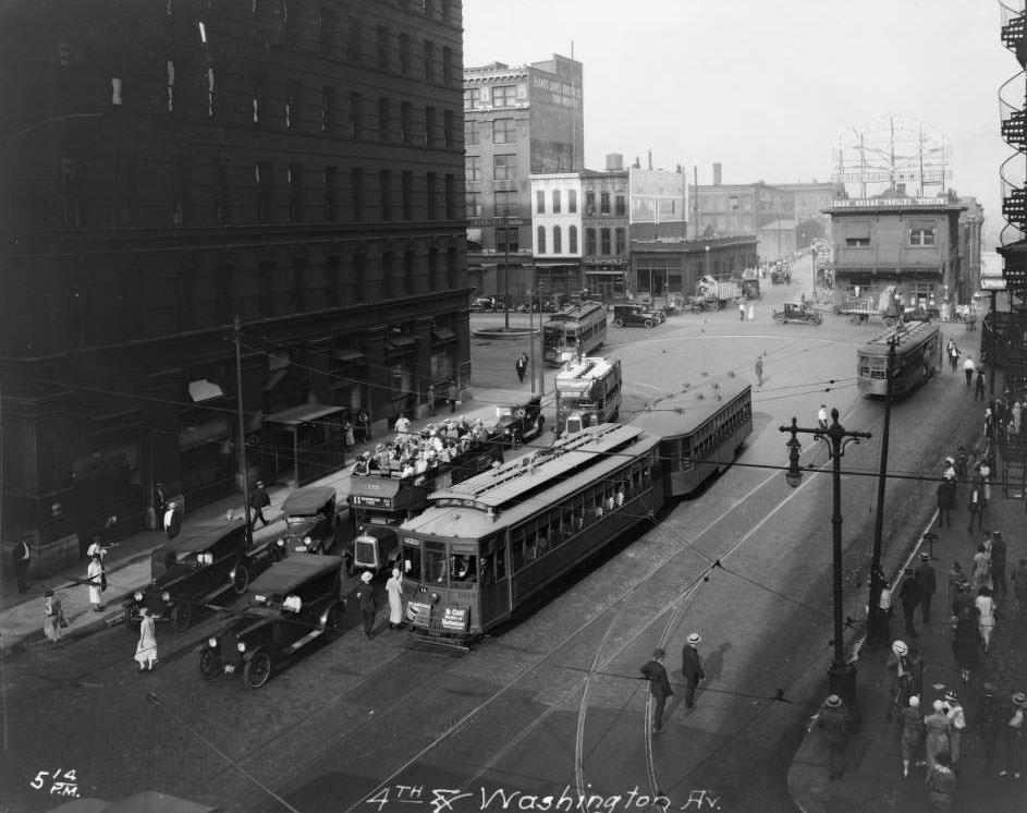 #52 Looking east toward Eads Bridge Trolley Station at Third and Washington, 1925