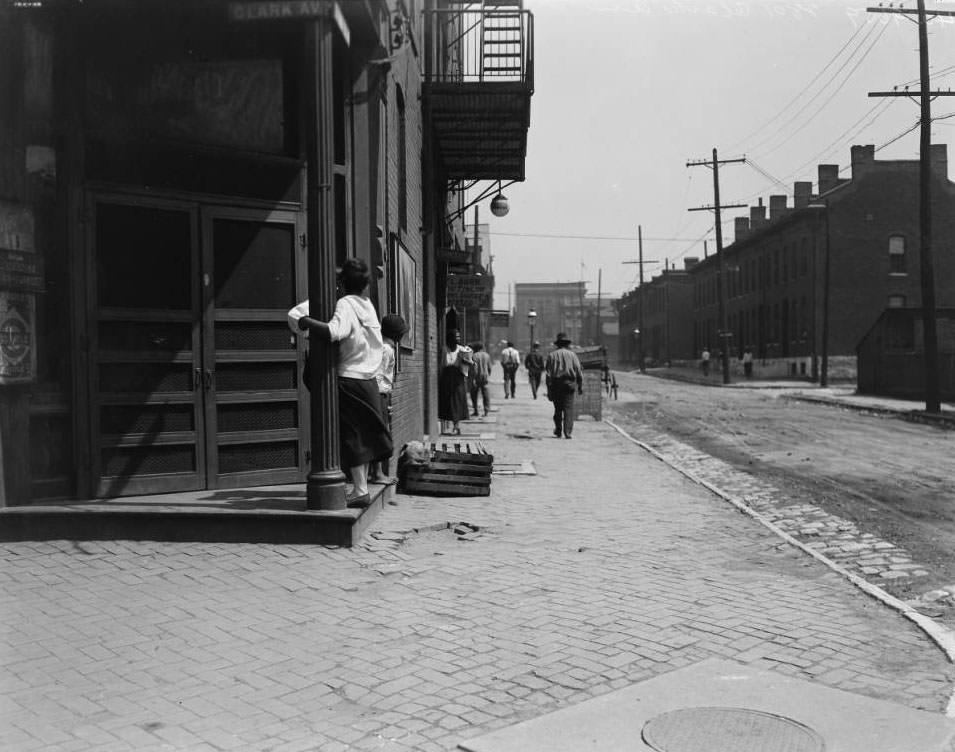 #73 View looking North down Leffingwell from the drug store on the corner of Clark that had been occupied at one time by Lewis Caldwell, 1925