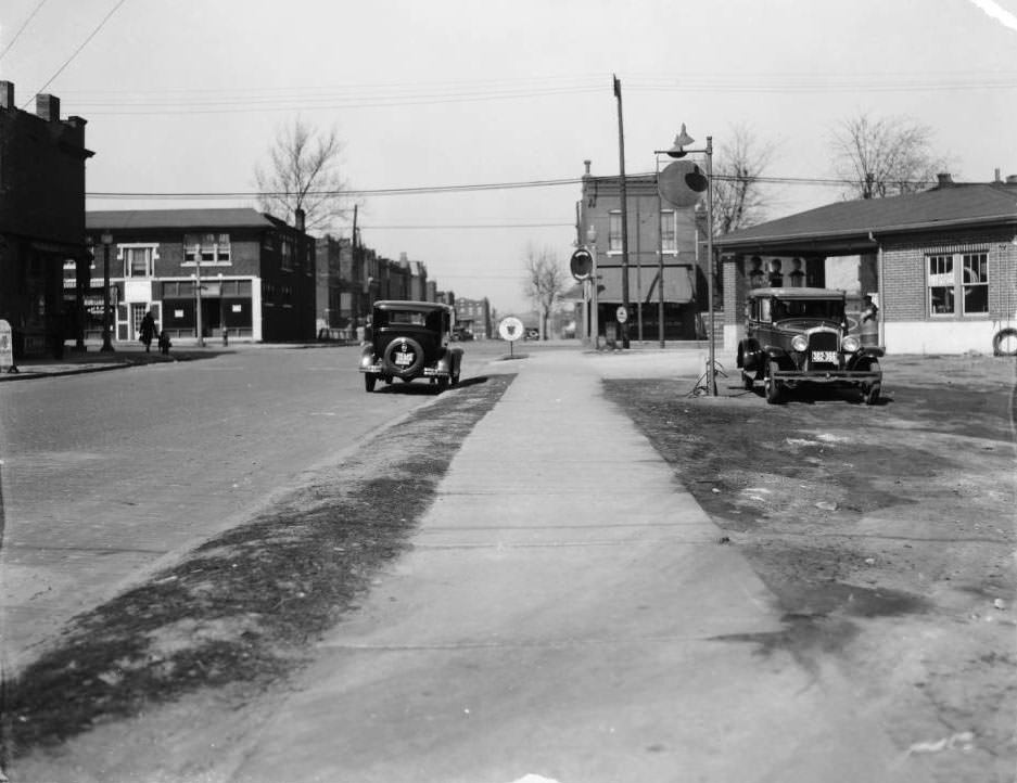 #80 Looking north on Oregon Ave. at the intersection with Meramec Street in the Dutchtown neighborhood of south St. Louis. George Ehrhard’s Shoe Repair, at 4207 Oregon Ave., 1925