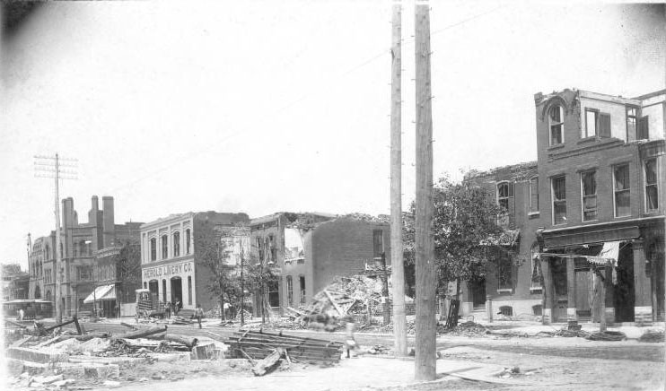 #18 This view of the eastern edge of the Lafayette Square neighborhood, looking west from Dolman Street, shows the ruins of the Herold Livery Company, at 1717 Park Avenue.