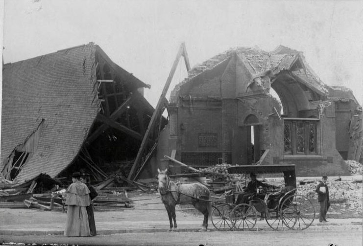 #40 Mt. Calvary Episcopal Church stood on the southwest corner of Lafayette and Jefferson Avenues, and was damaged beyond repair by the Great Cyclone of May 1896.