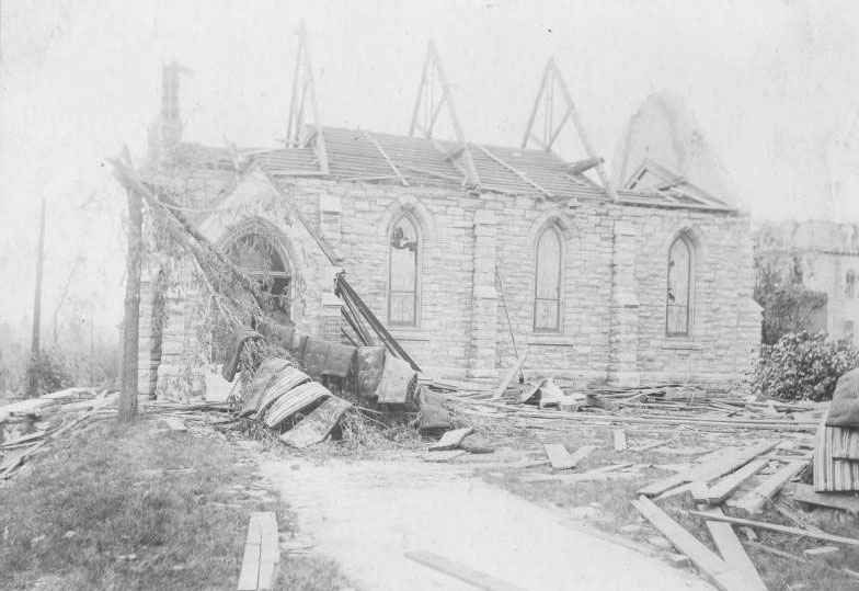 #28 This Unitarian church, at the corner of Park and Armstrong Avenues across from Lafayette Park, had just hosted a wedding an hour before the tornado struck.