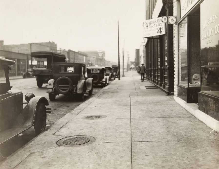 #104 Sidewalk and storefronts along the 3800 block of Easton Ave. The Hughey Candy Co. was located at 3850 Easton.