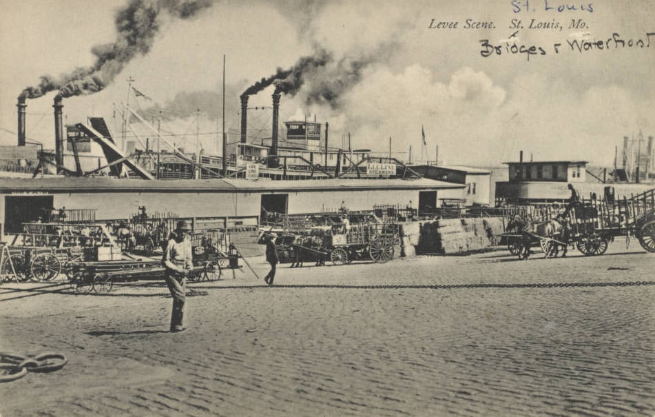 #120 Workmen use horses and wagons to load and unload steamboats on the St. Louis, 1910