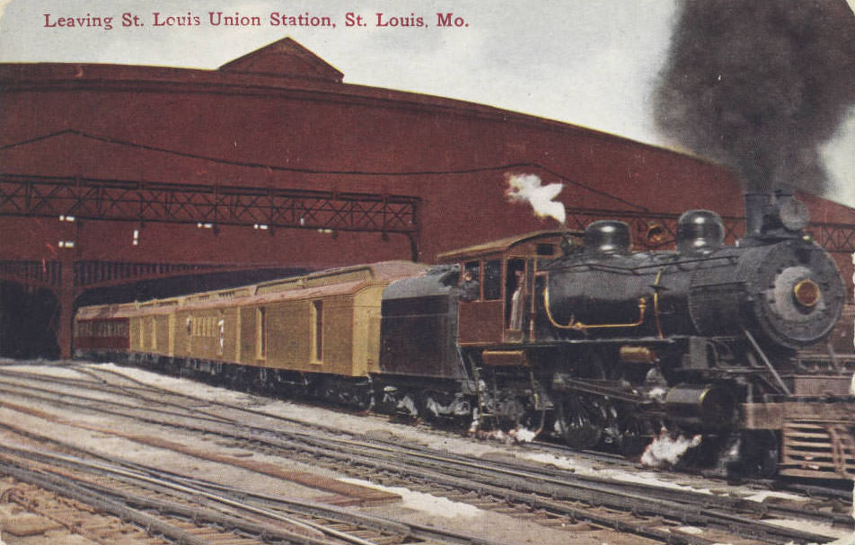 #149 A locomotive leaving the train shed from Union Station, St. Louis, 1910