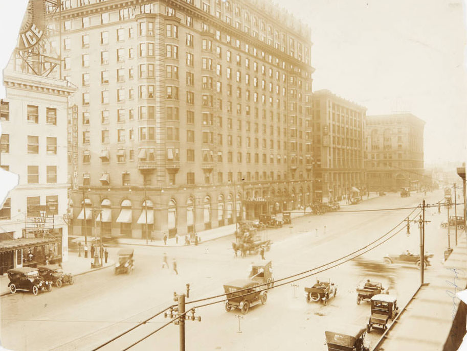 #26 A portion of the Union Electric building and the Hotel Jefferson at the intersection of 12th and Locust Streets. Written on reverse of resource: St. Louis Hotel Jefferson.