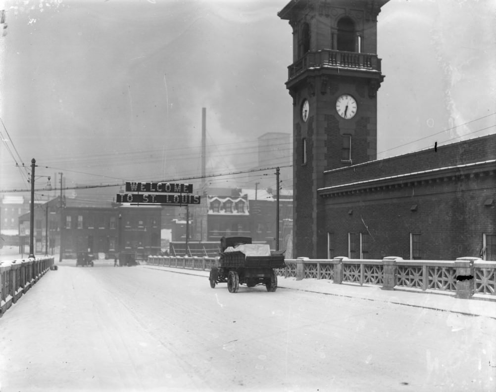 #3 Welcome to St. Louis, 1910. This photograph shows of a truck driving in the snow across the Free Bridge (now the MacArthur Bridge), into the city from Illinois.