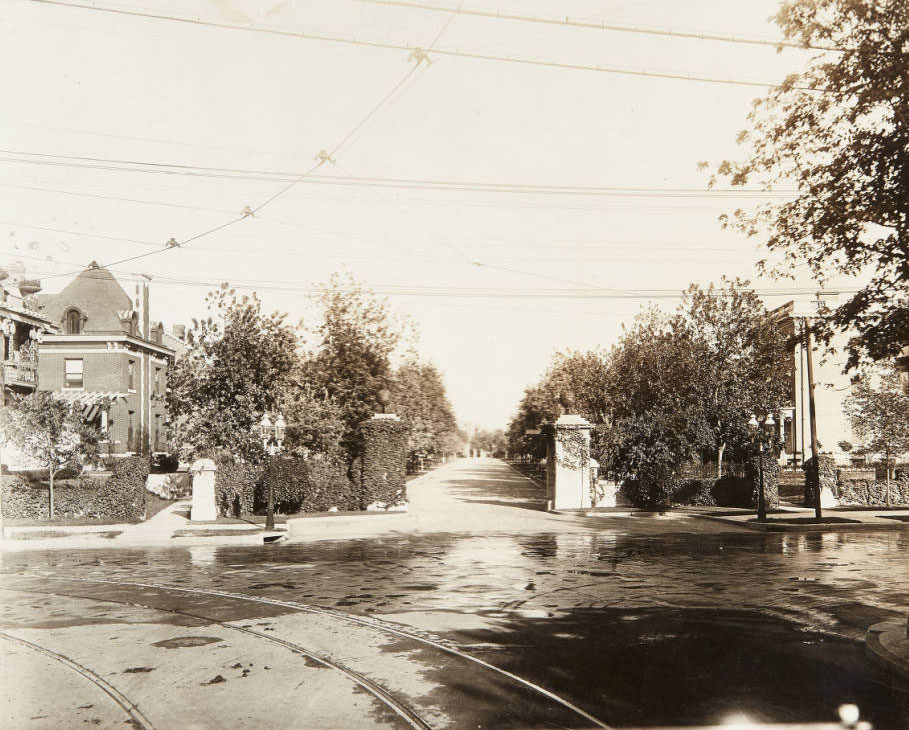 #57 The stone gate entrance to Hortense Place, looking east from its intersection with Kingshighway, 1915