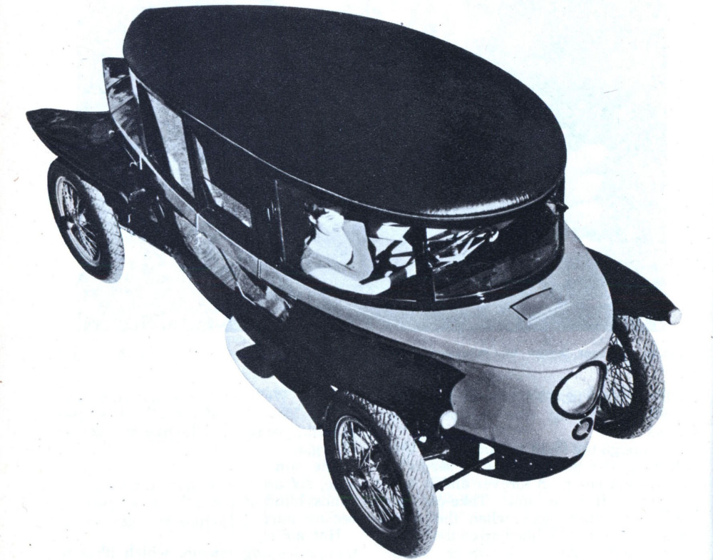 #1 Rumpler Drop Car (1918-21) is an early German streamliner. Rear-mounted engine has four cylinders, 60 mph top speed.