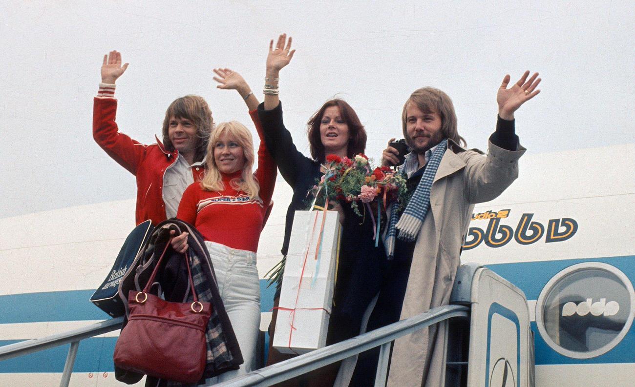 #24 ABBA arrive for a tour of the USA on October 01, 1976 in the USA.