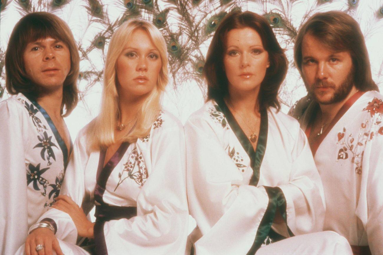 #27 Swedish pop group Abba, wearing kimonos, 1976. Left to right: Bjorn Ulvaeus, Agnetha Faltskog, Frida Lyngstad and Benny Andersson.