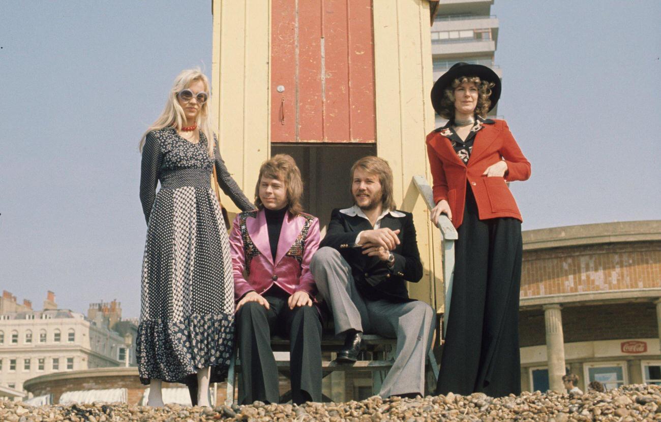 #40 Abba, winners of the 1974 Eurovision Song Contest, pose on the beach on April 08, 1974 in Brighton, England.