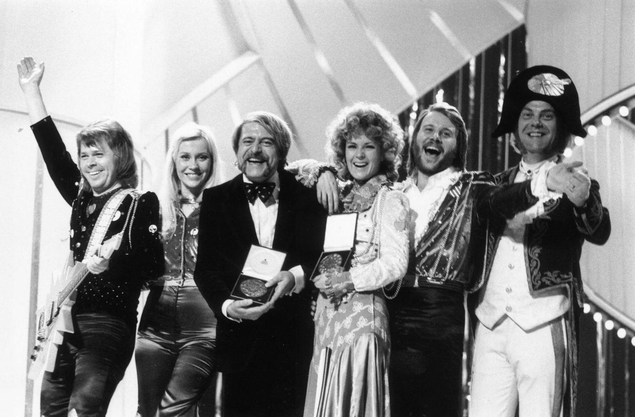 #46 Pop group ABBA, who won the 1974 Eurovision Song Contest at the Dome, Brighton, Sussex, 1974