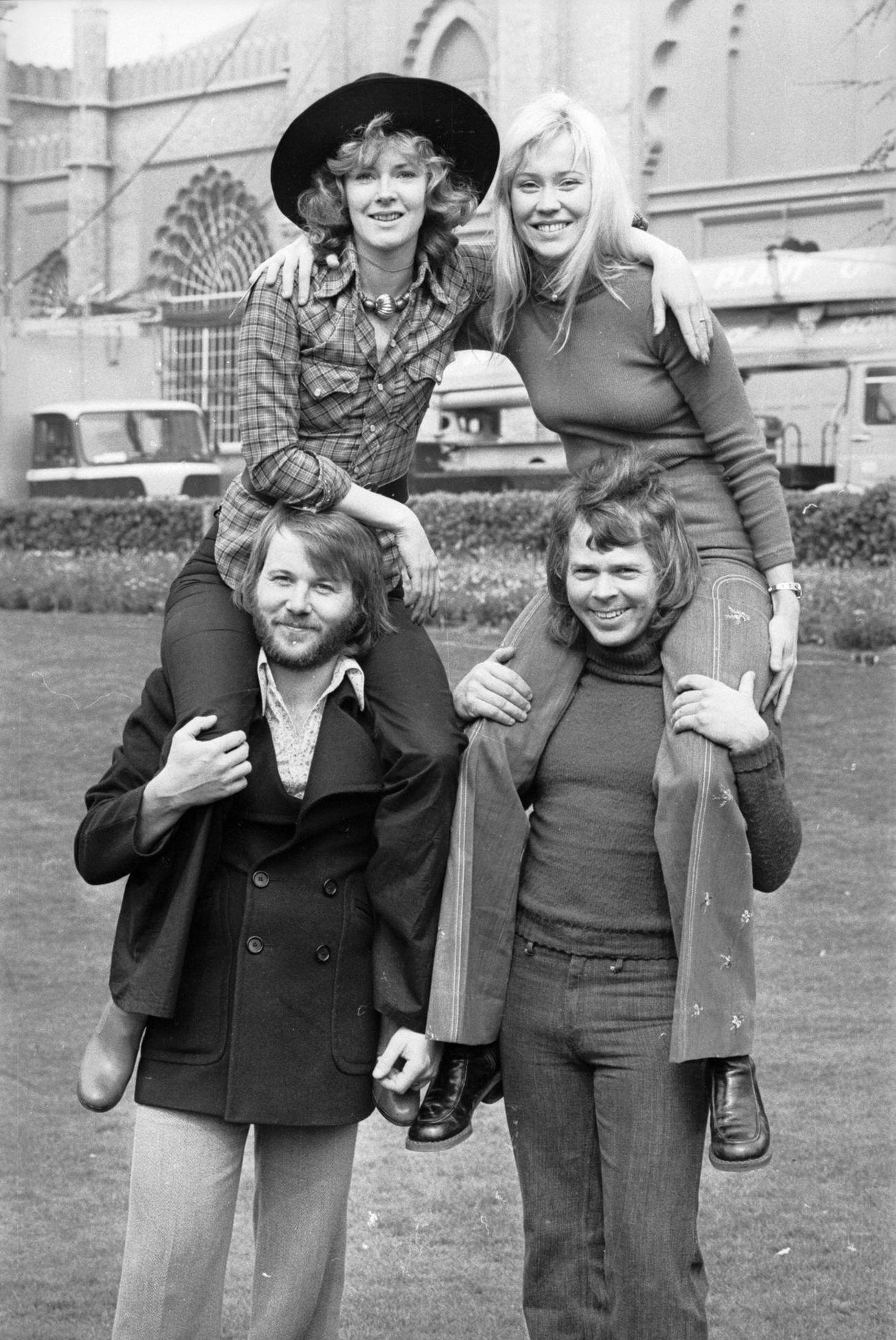 #49 Benny Andersson, Anni-Frid Lyngstad, Agnetha Faltskog and Bjorn Ulvaeus of ABBA at Brighton, 1974