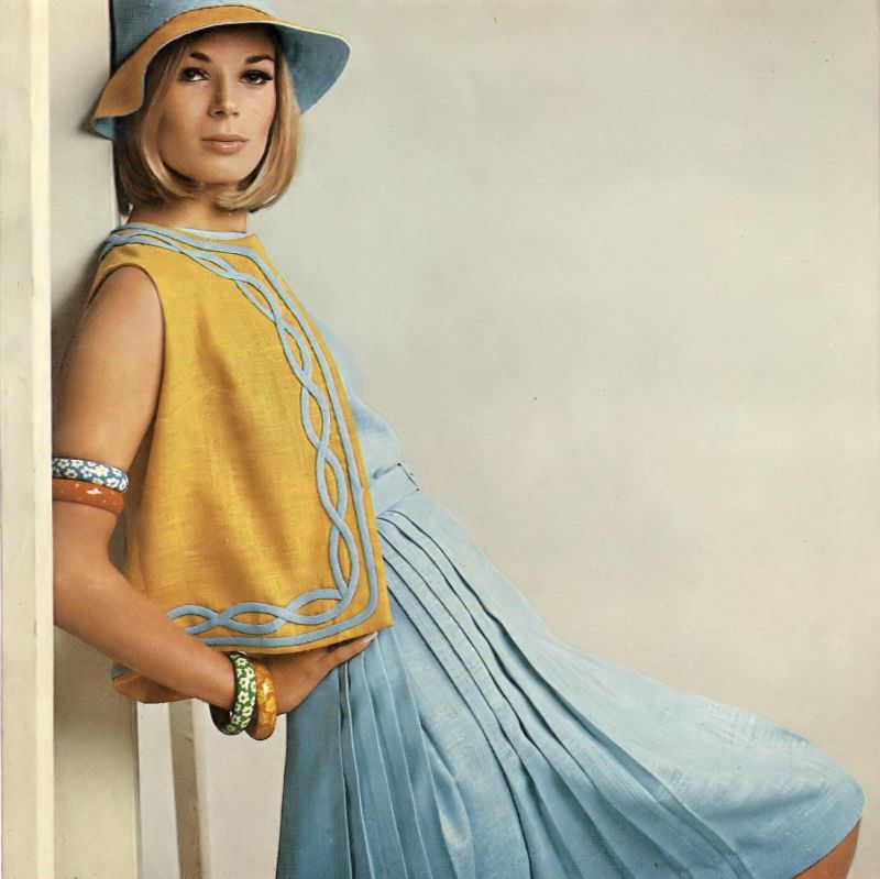 #33 Anne de Zogheb in lovely jacket and dress in Dacron by Sylvia de Gay for Robert Sloan, Vogue, January 1, 1965
