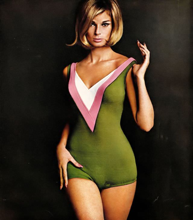 #34 Anne de Zogheb in Peter pan swimsuit designed by Oleg Cassini, Harper’s Bazaar, January 1965