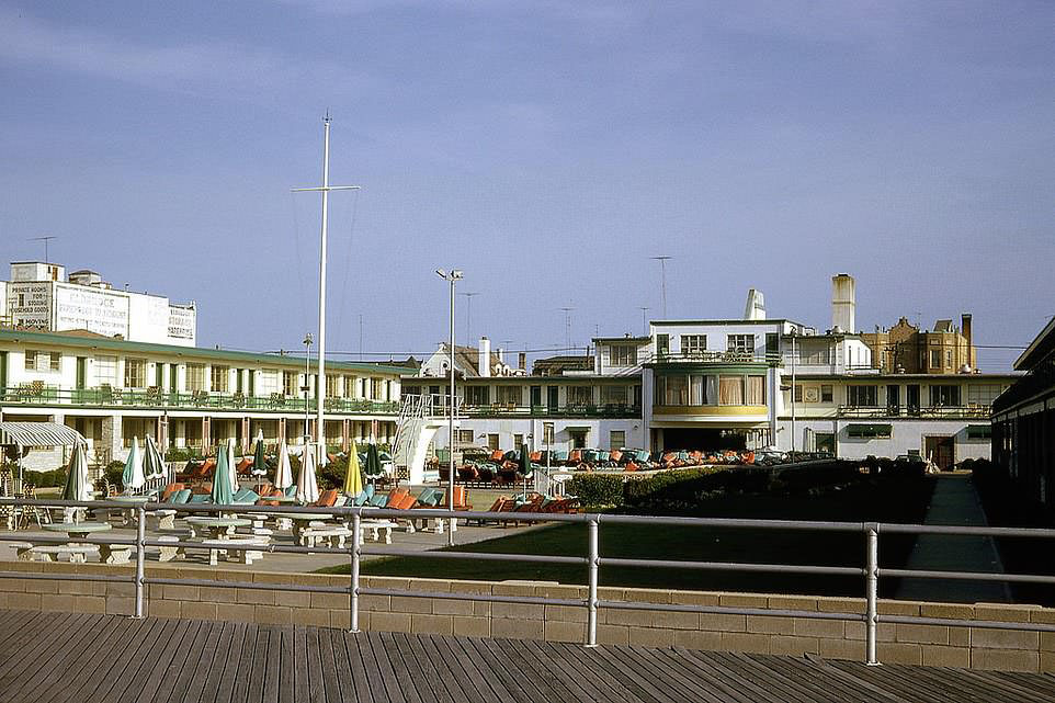 #50 A snap showing one of the resorts in Atlantic City in 1962 with outdoor tables, chairs and sun loungers positioned ready for the guests