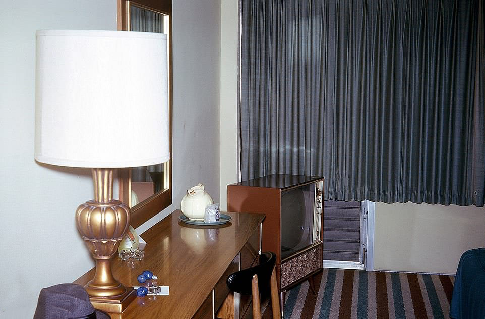 #29 The inside of an unnamed Atlantic City hotel in 1962 where guests could retire to to watch TV