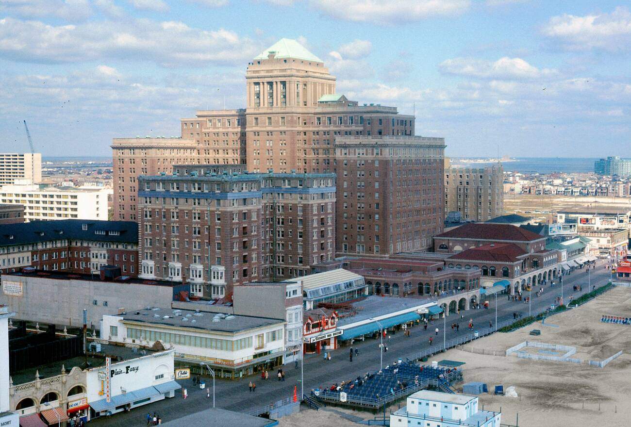 #2 Atlantic City with the ‘Chalfonte-Haddon Hall’ hotel complex behind the famous boardwalk and the beach in the 1960s.