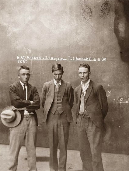 #32 Eddie McMillan, John Frederick “Chow” Hayes, Thomas Esmond Bollard, Special Photograph number 2057, 6 November 1930, Central Police Station, Sydney.