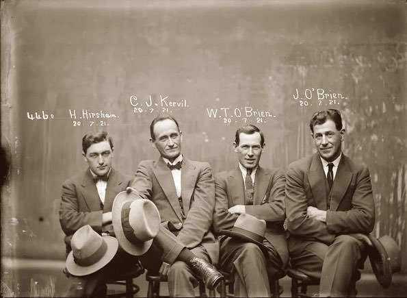 #34 Mug shot of Hampton Hirscham, Cornellius Joseph Keevil, William Thomas O’Brien and James O’Brien, 20 July 1921, Central Police Station, Sydney.
