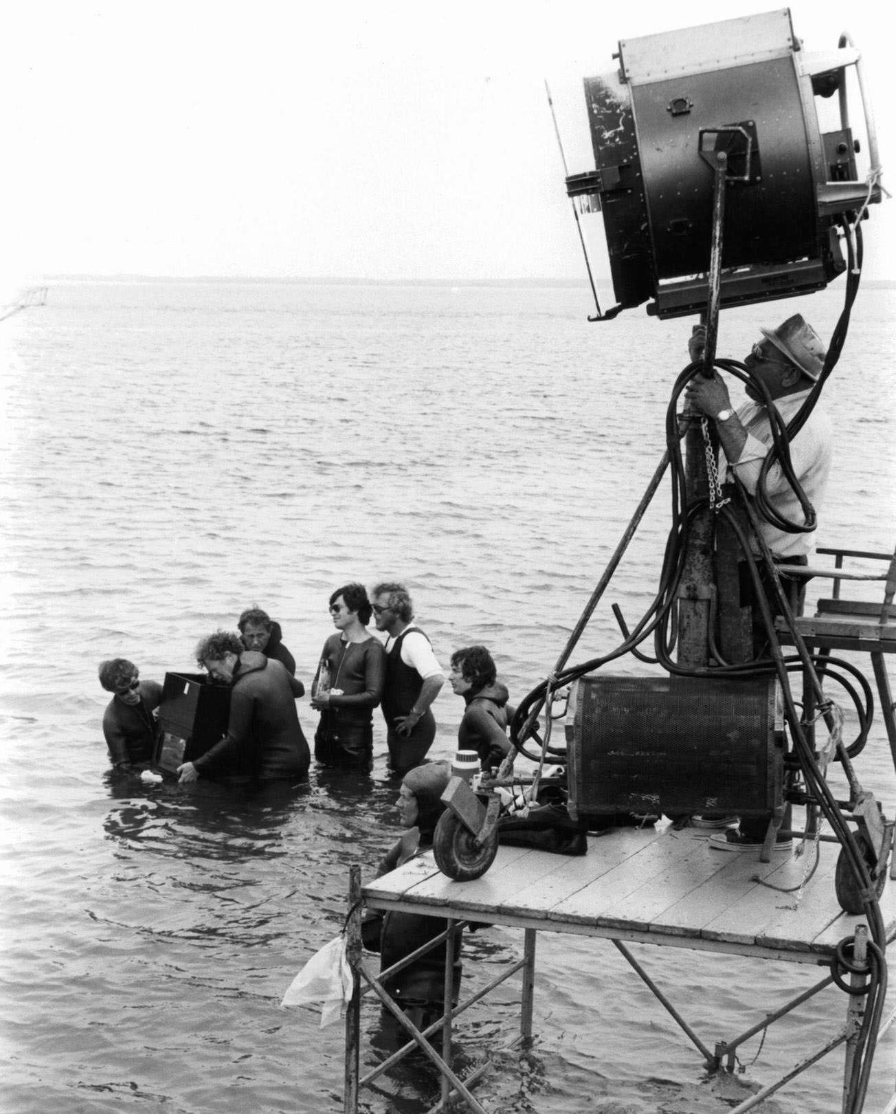 Steven Spielberg watching crew filming scene in ‘Jaws’, 1975.