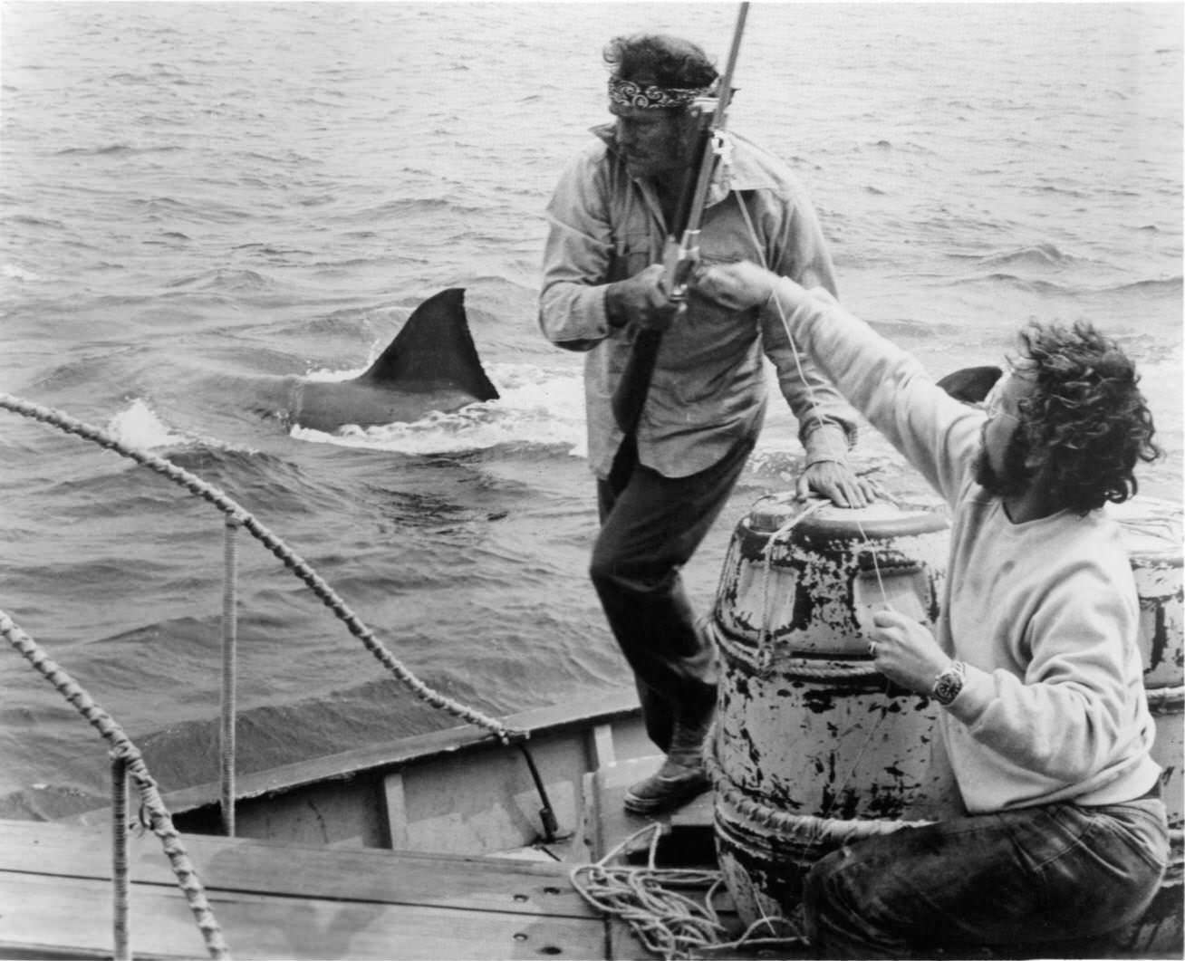 Robert Shaw and Richard Dreyfuss prepare to do battle with a mammoth man eating Great White Shark in a scene from the film ‘Jaws’, 1975.