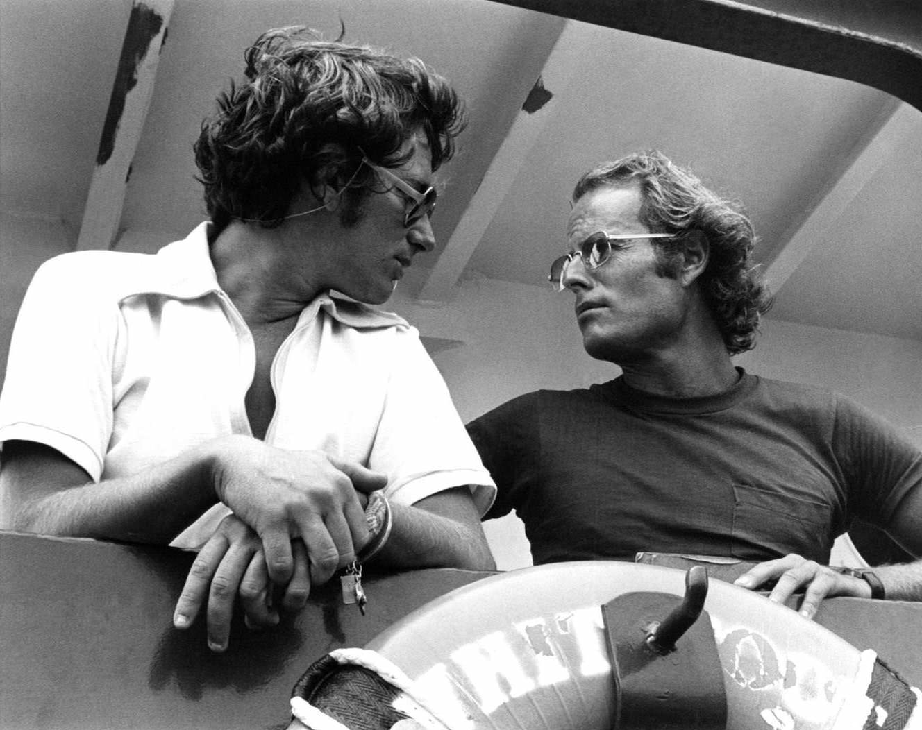 Martha’s Vineyard, and Director Steven Spielberg and producer Richard Zanuck on the set of the Universal Pictures production of ‘Jaws’ in 1975 in Martha’s Vineyard, Massachusetts.