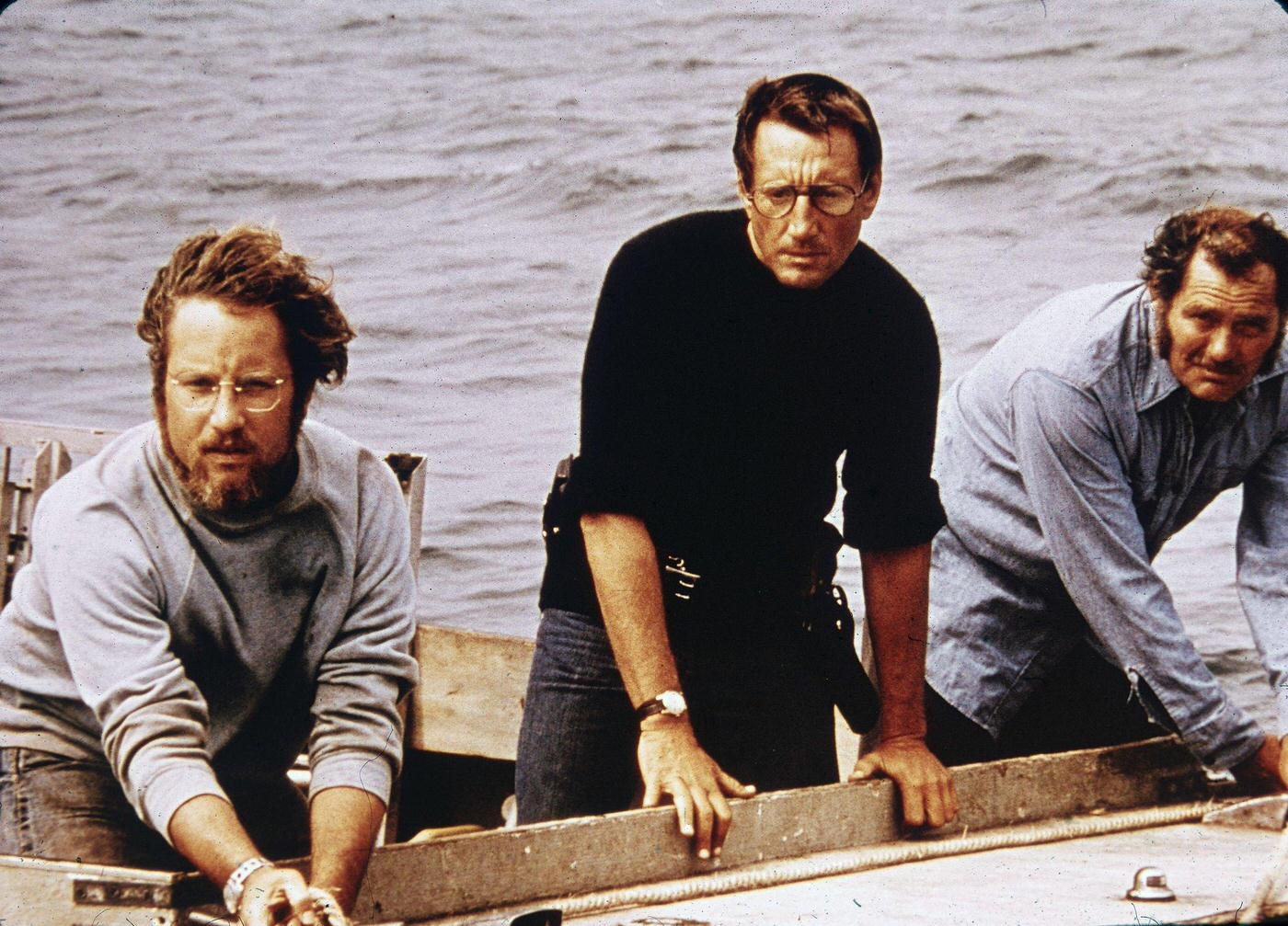 American actors Richard Dreyfuss, Roy Scheider and Robert Shaw on board a boat in a still from the film, ‘Jaws,’ 1975.