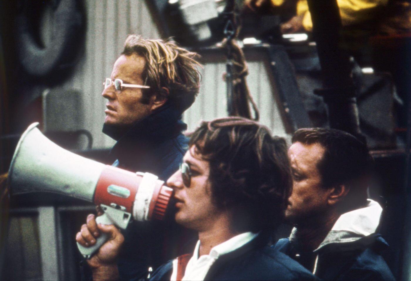 American director Steven Spielberg on the set of his movie, Jaws.