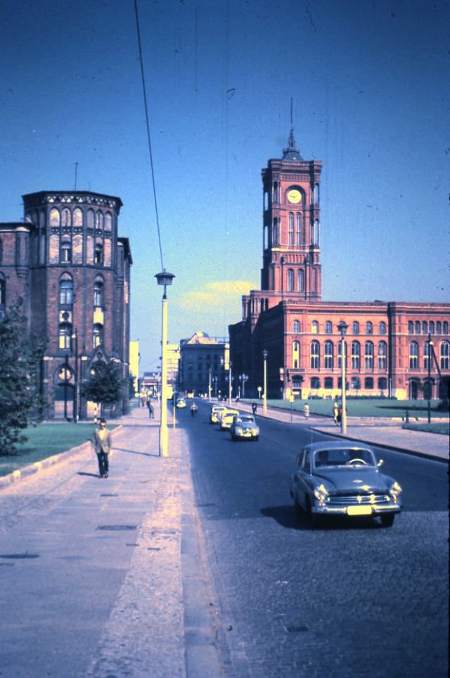 #10 Rathausstrasse and Rotes Rathaus (Red Town Hall) looking east, towards Alexanderplatz, East Berlin, September 11, 1959