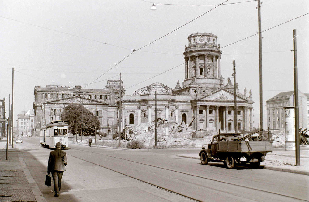 #51 The bombed ruin of one of the twin churches in Gendarmenmarkt, East Berlin.
