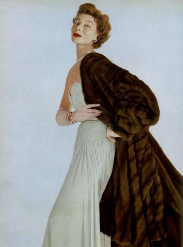 #107 Bettina in mink coat by Maurice Kotler, jewelry by Chaumet, 1953