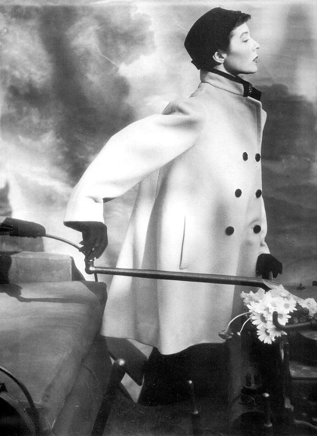 #79 Bettina is wearing coat designed by Balenciaga, 1950
