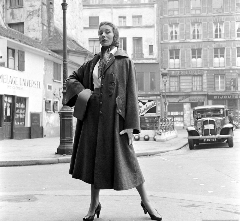 #89 Bettina in coat and “lantern” scarf by Givenchy, Paris, February 1952