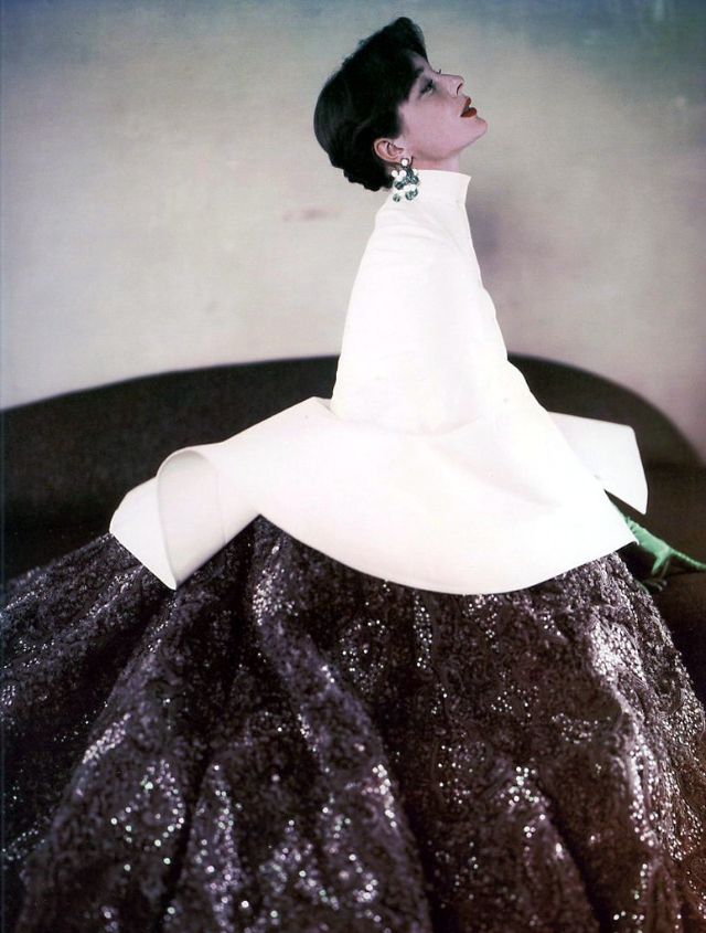 #94 Bettina in sequined and beaded gown with white capelet by Givenchy, 1952